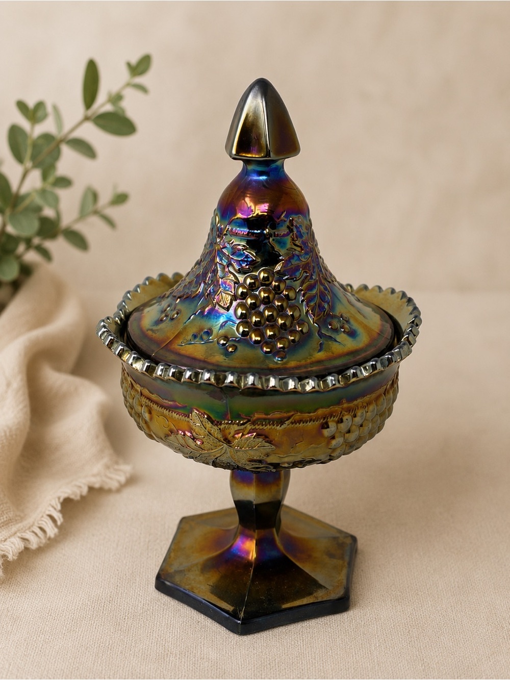 Antique Northwood Grape & Cable Amethyst  Carnival Glass Covered Compote Vintage